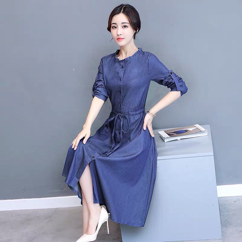 ĐẦM JEAN XÒE TAY DÀI CỔ BÈO TRÒN